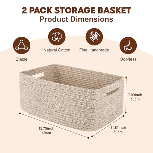 OIAHOMY Storage Basket for Shelves, Closet Cube Storage Bins Baskets for Clothes Blanket Towels, Baby Nursery, Toy Baskets Box, Woven Rope Basket, 15.75 * 11.81 * 7.09 IN, 2 Packs Brown - color: Brown, size: 15.75*11.81*7.09