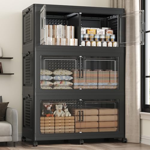 120GAL Storage Bins with Lid and Wheels, Collapsible Storage Box with Dividers, Foldable Plastic Cabinets for Room Kitchen, Stackable Closet Organizers and Storage Drawer, 3 Pack Black - color: Black, size: 40Gal-3Pack