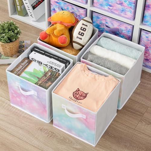 Stero Fabric Storage Cubes, 6 Pack Foldable Storage Bins Baskets with Handle, 11 Inch Box for Shelves, Closet, Organizer, Tie-dye White - color: Tie-dye Pink, size: 11"-6 Pack