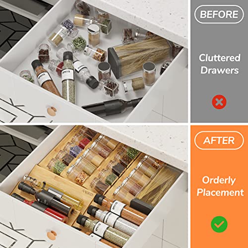 AMBIRD Bamboo Spice Drawer Organizer with Non-slip Mat,4 Tier - 2 Set Jar Spice Rack Tray From 12''to 24'',Hold up 48 Jars Seasoning Organizer for Kitchen,Cabinet,Drawers,Countertop - size: 8 Pcs x 11.8'' W, style: Natural