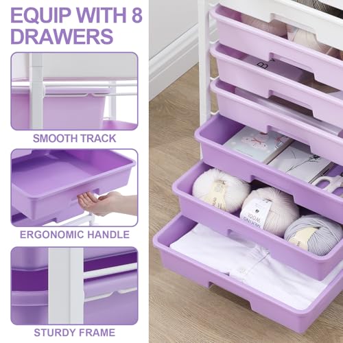 SYKIARIOL Rolling Cart with Drawers,Utility Cart With 8 Drawers and Wooden Tabletop for Living Room,Classroom,Bedroom,Bathroom,Dorm,Office,Purple - color: Purple