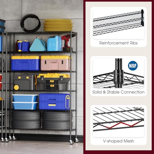 BestOffice | 6-Tier Wire Storage Shelves with Wheels | 48x18x77 | Black | Adjustable Racks | Heavy-Duty Metal Shelf, Holds Upto 600 lbs | No-Tool Assembly | Ideal for Home & Garage Shelving - color: Black, size: 48"D x 18"W x 77"H