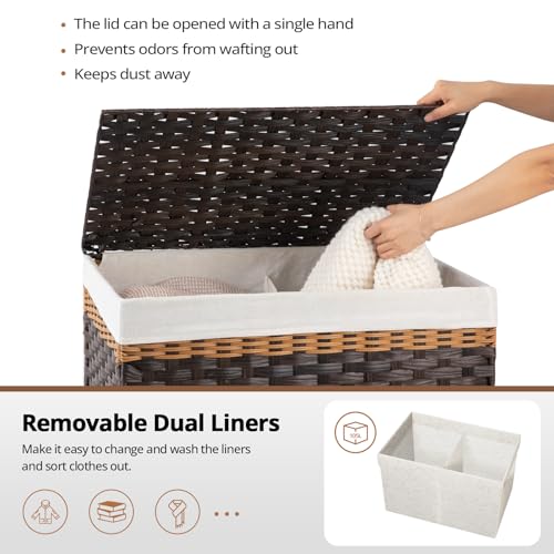 OIAHOMY Storage Basket with Lid, 27.7 Gallon (105L) Blanket Basket with Removable Liner Bag, Synthetic Wicker Hamper with Handle, Foldable, Hamper for Living Room, Brown - color: Gradient Brown, size: 105L