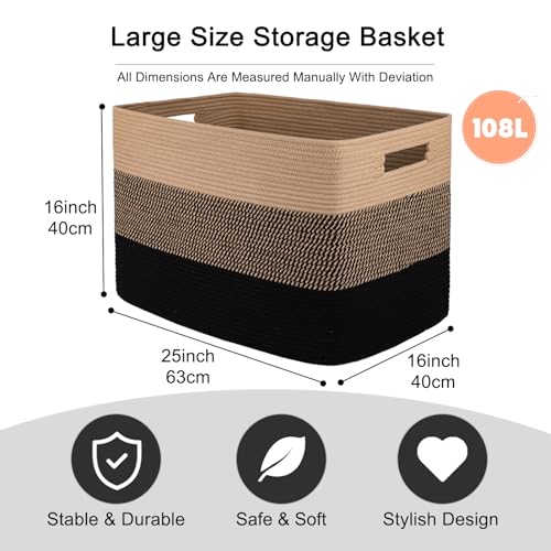 OIAHOMY 108L Super Large Blanket Basket, 25”x16”x16” Rectangle Woven Baskets for Storage, Cotton Rope Basket For Living Room, Toy Storage with Handle- Yellow and Black - color: Yellow and Black
