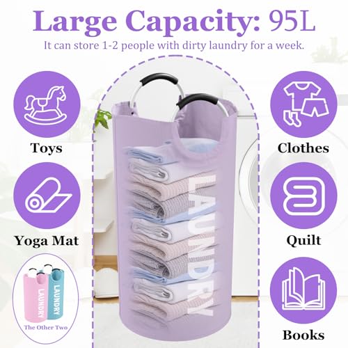 3PCS 95L Laundry Basket, Collapsible Clothes Hamper with Handle, 600D Oxford Cloth Laundry Bin, Stand-alone Dirty Clothes Hamper for Livingroom, Bedroom, Family, Pink+Blue+Purple - color: Pink+Blue+Purple, size: L-95L