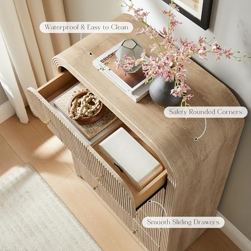 T4TREAM Fluted Dresser with 5 Drawers, 48" Tall Modern Chest of Drawers with Thickened Curved Profile Design, Wood Closet Clothes Storage Organizer for Bedroom, Living Room, Hallway, Natural Oak - color: Natural Oak, size: 15.7"D x 31.5"W x 47.6"H (5 Draw