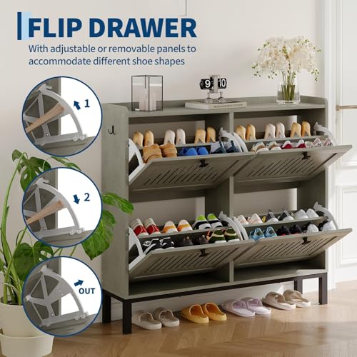 4-Door Flip Front Shoe Cabinet with Adjustable Shelves – Hidden Entryway Storage Organizer for Hallway, Foyer, Living Room – Freestanding Wooden Shoe Rack with Large Capacity & Modern Design, Grey - color: Grey, size: 9.45"D x 41.34"W x 37.9"H