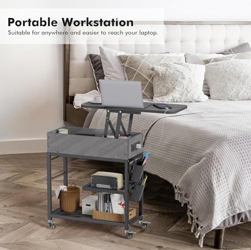 Colima Lift Top End Table with Charging Station and Wheels, Sofa Side Table with USB Port & AC Outlets, Movable Bedside Nightstand with Side Bag for Office Living Room Bedroom(Gray) - color: Grey