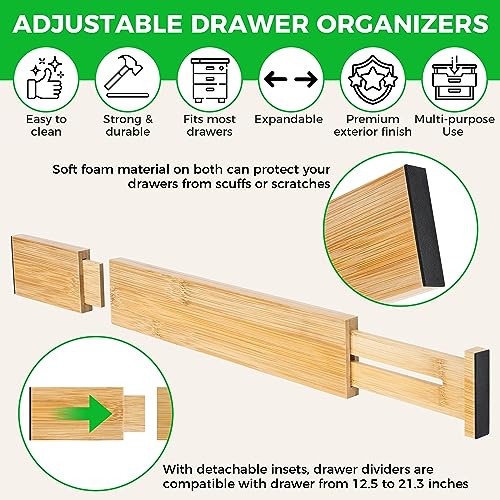 4 Pack Bamboo Kitchen Drawer Dividers with Inserts 2.6" High, Adjustable from 12.5 Inch to 21.7 Inch Drawer Organizers, Expandable Drawer Separators for Clothes, Bedroom, Dresser, Office (Beige) - color: Beige, size: 12.5-21.7 Inches
