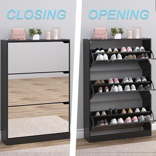 BORNOON Shoe Cabinet with 3-Flip Mirror Drawers, Freestanding Shoe Rack Organizer with Hidden Handle, Slim Narrow Shoe Storage Cabinet for Entryway, Entrance, Hallway, Bedroom - color: Black, size: 3-Drawer with Mirror