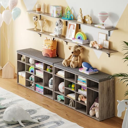 DINZI LVJ Shoe Storage Bench with Cushion, 16-Cubby Shoe Rack, Adjustable Shelves, Multifunctional Shoe Organizer Bench for Entryway, Mudroom, Hallway, Living Room, Bedroom and Garage, Greige - color: Greige, size: 16 Cubby