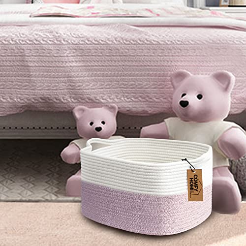 COMFY-HOMI Cotton Rope Woven Medium Basket with Handles for shelf，Cloth Storage Basket for Organizing-13.5X11X9.5 Storage Bin for Bedroom, Newborn or Infant Gift for boy girl （White/Pink） - color: white/pink, size: 13.5"X11"X9.5"