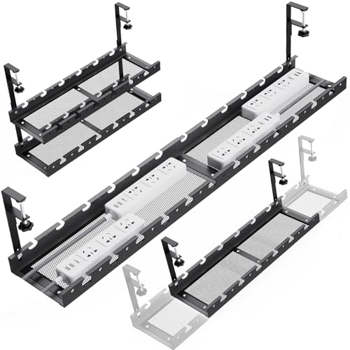 31Inch Extendable Under Desk Cable Management Tray Multi-Model Metal Cable Management Tray Under Desk Cord Management with Clamp Power Strip Cord Holder for Wire Cable Management