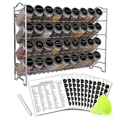 SWOMMOLY Spice Rack Organizer with 36 Empty Square Spice Jars, 396 Spice Labels with Chalk Marker and Funnel Complete Set, for Countertop, Cabinet or Wall Mount,Silver - color: Silver