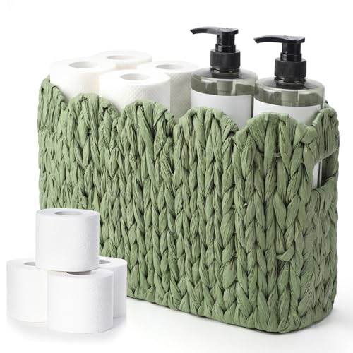 Kathfly Sage Green Toilet Paper Storage Basket Scalloped Wicker Woven Bathroom Basket Toilet Paper Holder Holds up to 6 Mega Rolls Woven Organizer for Home Bathroom Kitchen Offices - style: Scalloped Style