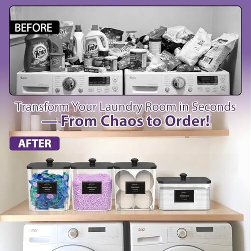 COAZEX 3+1 Pack Clear Laundry Pods Container & Dryer Sheet Holder, Plastic Square Laundry Room Organization and Storage Jars with Black Lids, Scoops & Labels for Detergent, Powder, Dryer Balls - color: 3+1 Pack