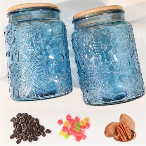 Custde Blue Vintage Glass Candy Jar with Airtight Bamboo Lid, 23.7oz Kitchen Storage Canister for Sugar, Coffee, Tea, Cookies, Bath Salt - Decorative Mason Jar for Pantry & Counter(Blue, 23.7 fl oz) - color: Blue, size: 23.7 fl oz