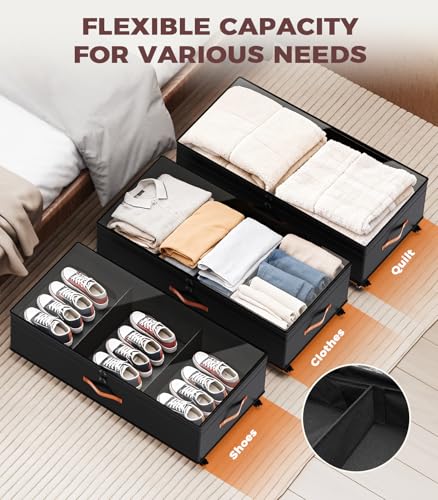 Under Bed Storage with Wheels, 35.5 inches Underbed Storage Large Capacity Under Bed Rolling Containers, 2 Pack Under the Bed Storage for Clothes, Shoes, Blankets (Deep Black) - color: Deep Black
