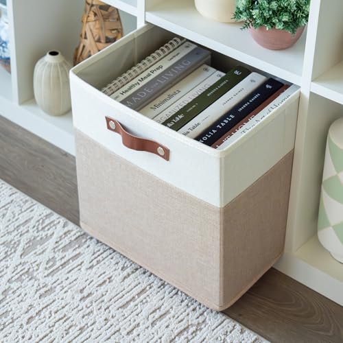 OrganiHaus 13" x 13" x 13" Cube Fabric Storage Bins Set of 4, Fabric Storage Cubes w/ Vegan Handles, 13 inch Collapsible Bins for Clothes & Toy Organizer, 13x13 Basket for Decor - Beige/White - color: Beige Base / Off-White, size: (13x13) Leather Handles