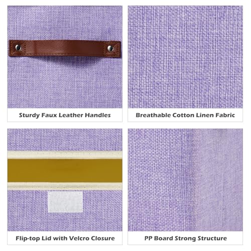 2PCS Storage Boxes with Lid Cotton Linen Fabric Storage Bins Organizer Container Decorative Collapsible Washable Shelf Closet Baskets Faux Leather Handles Home Bedroom (Purple, Small) - color: Purple, size: Small (Set of 2)