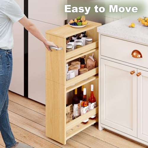 MARTY Rolling Storage Cart 7.9" W, 4-Tier Kitchen Cart with Wheels Handle, Slim Storage Cart Mobile Shelving Utility Carts for Bathroom Laundry Room Organization Narrow Places (Maple) - color: Maple, size: 7.9"D x 15.75"W x 31.5"H
