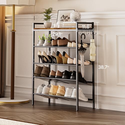 5 Tier Shoe Rack, Shoe Rack for Entryway with Hook, Shoe Organizer with Adjustable Mesh Shelves, Metal Shoe Storage, Closet, Bedroom Living Room Garage - size: 5 Tier