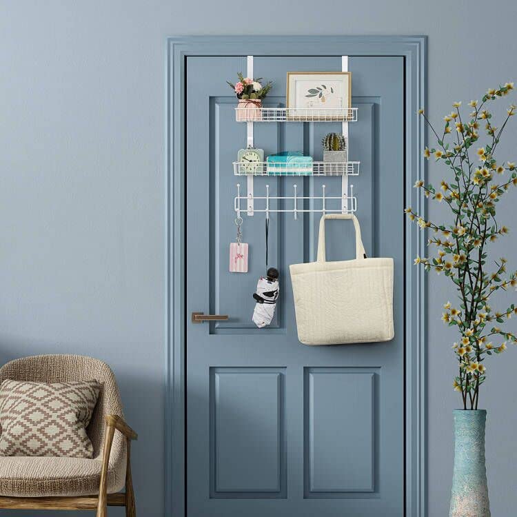 Over The Door Hanger Organizer with 2 Mesh Baskets & 5 Towel Hooks, Detachable Behind The Door Storage Towel Rack for Coats, Hats, Handbags, Easy Install Metal Hanging Hook Coat Rack Shelf, White - color: White