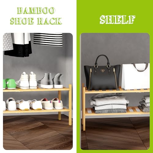 BMOSU 2-Tier Bamboo Extended Shoe Rack Premium Stackable Shoe Shelf Storage Organizer for Hallway Closet Living Room Entryway Organizer (Natural Bamboo) - color: Natural Bamboo, size: 2-Tier Long（33.3*11*12.6inches）