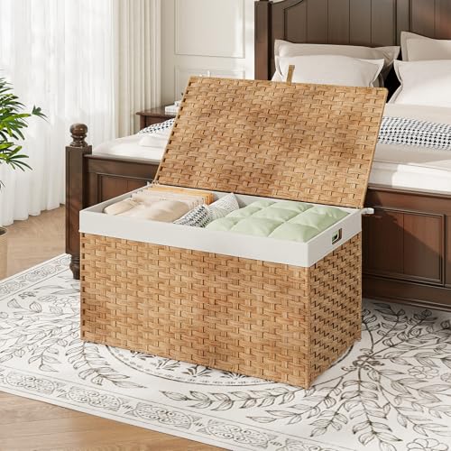 HOOBRO Storage Basket with Lid, 42.3 Gallon (160L) Wicker Basket, Handwoven Blanket Storage Basket with Handles, Metal Frame and Soft Lining, Foldable for Bedroom, Laundry Room, Natural NL216CW01 - color: Natural, size: 29.9"L x 17.7"W x 18.1"H