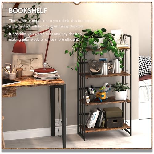 4NM No Assembly 4 Tiers Folding Bookshelf, 47.2" H Foldable Storage Shelves Vintage Bookcase Standing Racks Study Organizer Home Office - Rustic Brown Black - color: Rustic Brown Black, size: 4-Tier