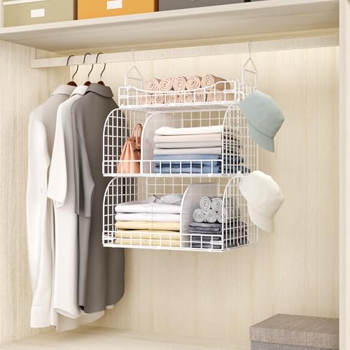 HapiRm Hanging Closet Organizer Storage - 3 Tier Metal Stackable Hanging Closet Shelves with Dividers and S Hooks, Foldable Clothes Shelves for Clothes, Pants, Shoes, Coat, Hats Clutches Accessories - color: White, size: 3-Tier