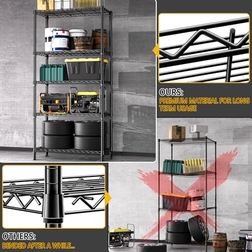 M MZG 1250 lbs 5 Tier Shelf Metal Storage Shelves Shelving Wire Rack Heavy Duty Closet Organizers for Garage Kitchen Bathroom Laundry Black 15.7" D x 33.5" W x 68.5" H - color: Black, size: 5 tier, 15.7" D x 33.5" W x 68.5" H