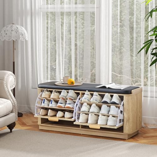 Fluted 3-Tier Entryway Shoe Bench with Drawers and Adjustable Shelves, 43.3'' Wide Shoe Storage Bench with Cushion Seat for Entrance, Hallway, Living Room, End of Bed - Natural - size: Drawer-natural