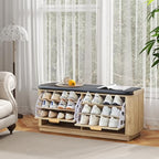 Fluted 3-Tier Entryway Shoe Bench with Drawers and Adjustable Shelves, 43.3'' Wide Shoe Storage Bench with Cushion Seat for Entrance, Hallway, Living Room, End of Bed - Natural - size: Drawer-natural