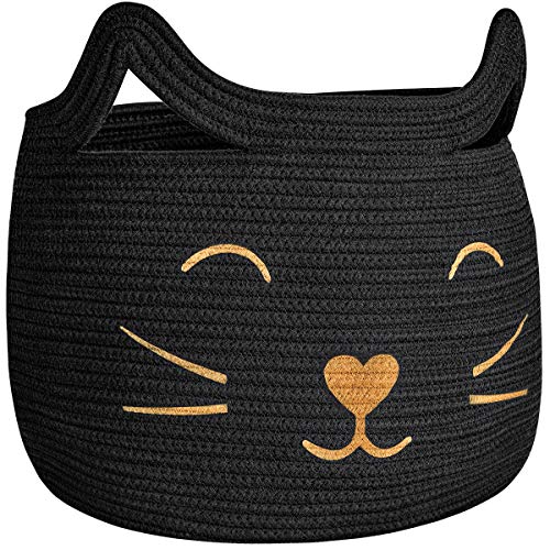 Large Woven Cotton Rope Storage Basket, Baby Laundry Basket Organizer for Toys, Blanket, Clothes, Towels, Gifts | Pet Gift Baskets for Cat, Dog - 15.7" L×11.8" H, Black - color: Black, size: 15.7"W x 11.8"H