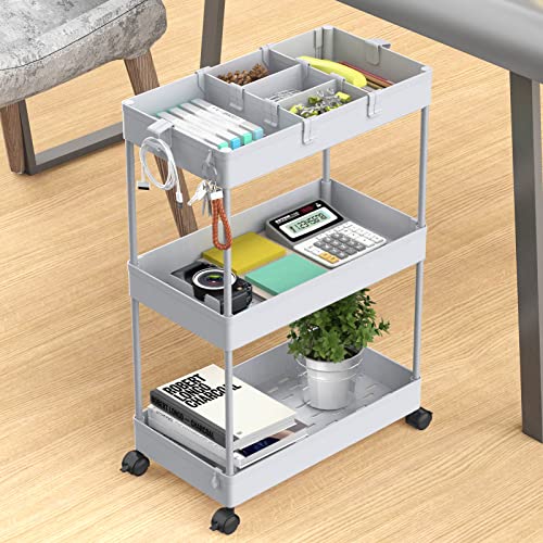 SPACELEAD 3 Tier Rolling Cart with Wheels, Storage Craft Art Trolley Organizer Serving, 3 Hanging Baskets Easy Assembly, for Office, Living Room, Kitchen, Gray - color: Grey