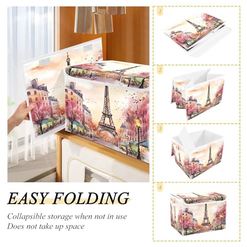 xigua Watercolor Paris Storage Bins with Lids and Carrying Handle,Foldable Storage Boxes Organizer Containers Baskets Cube with Cover for Home Bedroom Closet Office - color: Watercolor Paris