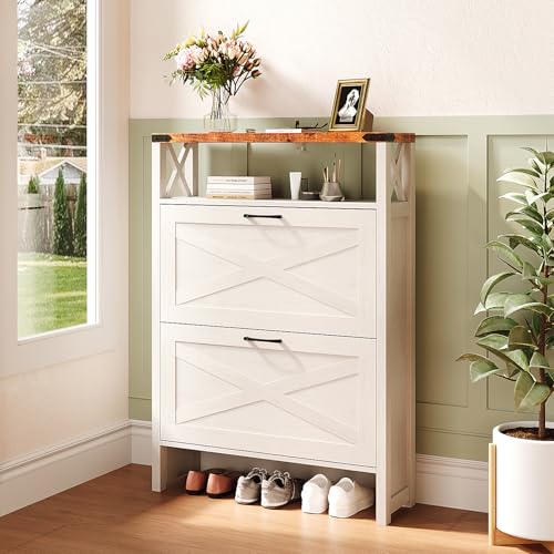 VINGLI Farmhouse Shoe Cabinet with 2 Flip Drawers, Slim Entryway Shoe Storage Organizer with Open Shelf, Freestanding Wood Shoe Rack for Hallway, Rustic White & Brown (31.5" W) - color: Rustic White + Vintage Brown, size: 31.5"W 2 Drawers