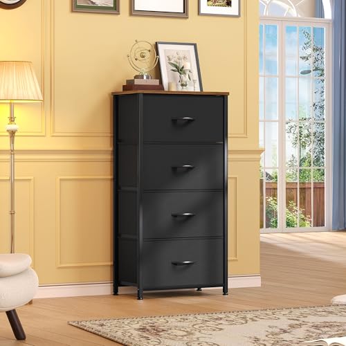 DWVO Dresser with 4 Drawers - Fabric Storage Tower, Organizer Unit for Room, Living Room, Hallway, Closets - color: Black and Rustic Brown, style: 4-Drawer