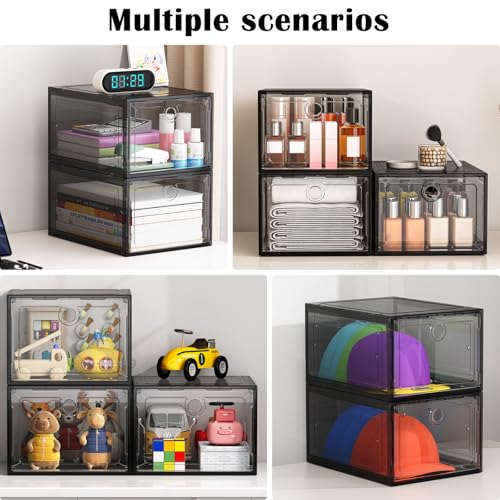 ARSTPEOE 6 Pack Upgrade Harder Shoe Organizer, Shoe Storage with Magnetic Front Door, Clear Shoe Boxes Foldable Space-Saving Shoe Rack for Sneaker Boot Container, Black - color: Black, size: Upgrade 6 Pack