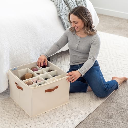 OrganiHaus Large Shoe Storage Bin for Closet, Shoe Organizer Box Fits up to 16 Pairs, Collapsible Fabric Shoe Basket w/Clear Cover, Adjustable Dividers & Reinforced Handles, Off-White - color: Off-White