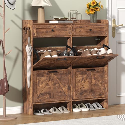 Thacuok Shoe Cabinet with 4 Flip Drawers & 2 Storage Drawers, Rustic Farmhouse Narrow Shoe Organizer Cabinet, Slim Shoe Rack Cabinet, Shoe Storage Cabinet for Entryway, Hallway, Front Door - color: Brown, size: 4 Drawers