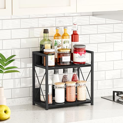 Giikin Countertop Organizer, 2 Tier Coffee Station Organizer for Desktop, Wood Counter Shelf Spice Rack for Kitchen (Black, M) - color: Black, size: Medium