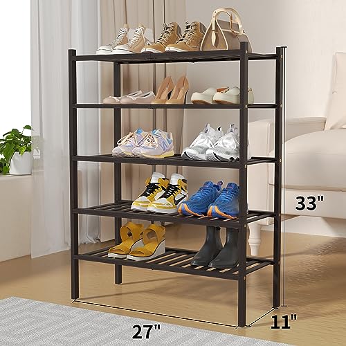 ROMGUAR CRAFT 5 Tier Bamboo Shoe Rack for Closet Free Standing Wood Shoe Shelf for Entryway Small Space Stackable 27"x11"x33" (Brown) - color: Brown, size: 5 tier
