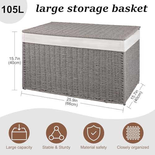 OIAHOMY Storage Basket with Lid, 27.7 Gallon (105L) Blanket Basket with Removable Separated Liner Bag, Paper Rope Hamper with Handle, Foldable, Shelf Basket for Living Room, Grey - color: Grey