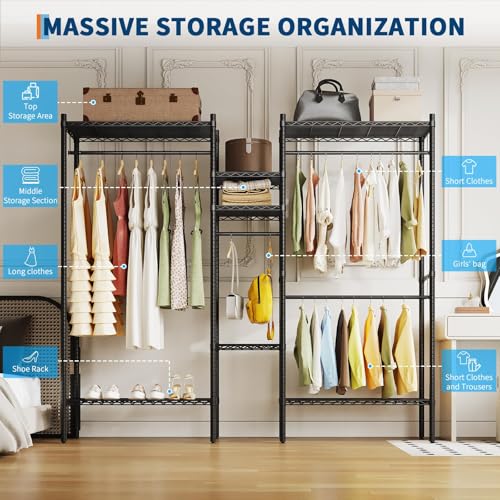 GarveeHome Heavy Duty Metal Clothes Rack – Adjustable Shelves, Freestanding Portable Wardrobe Organizer, Commercial Closet System for Garment Storage, Max Load 1210 LBS, Black – 86.2 x 17.3 x 76.4