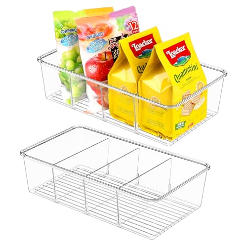 ZIZOTI Snack Organizer for Pantry Shelf, 2 Pack Clear Plastic Pantry Storage Bins with 3 Dividers for Snacks, Spices, Chips Food Organizer, Stackable Pantry Organizers for Kitchen, Fridge, Cabinet - color: 2 Pack