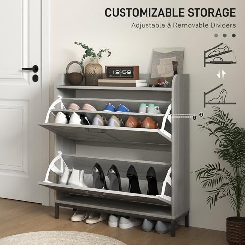 HOMCOM Shoe Storage Cabinet with 2 Flip Drawers, Legs, Farmhouse Freestanding Narrow Shoe Cabinet, Slim Hidden Rack Organizer for Entryway, Hallway, Light Gray Wood Grain - color: Light Gray