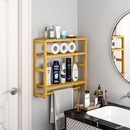 Galood Over The Toilet Storage Bathroom Shelves Wall Mounted 3 Tier Space Saver Corner Shelf Organizer Bamboo Towel Rack Toilet Paper Cabinet with Hanging Rod Yellow - color: Yellow 1pack, size: Large