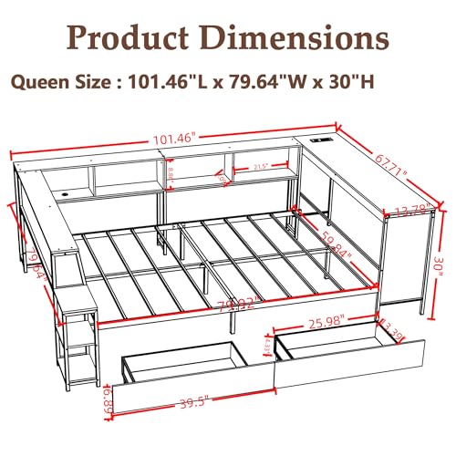 Corner Bed Frame Queen with Storage Bookshelf & Desk, U-Shaped Daybed Frame with 2 Drawers, Metal Corner Beds with Charging Station & LED Lights for Bedroom, Flip Left or Right (White, Queen) - color: White, size: Queen